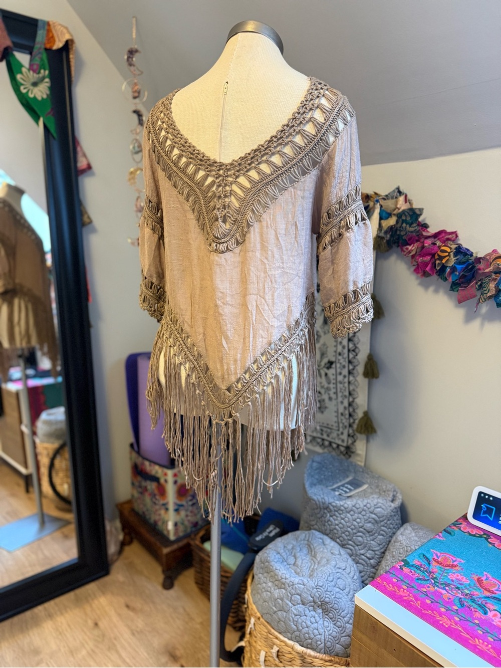 Boho Fringe Crochet Tunic Top in Taupe - Picture 3 of 5